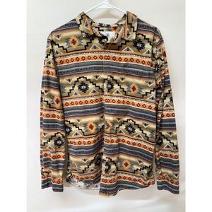 On The Byas Mens Southwestern Tribal Print Cotton Button Down Shirt Tan Orange M